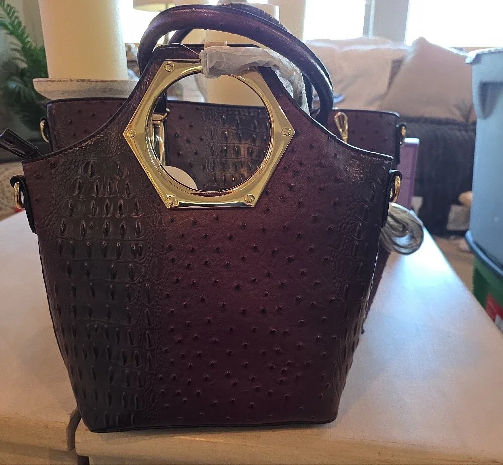 Croc-Embossed Structured Tote in Plum with Gold Hardware 3 Bags In 1
